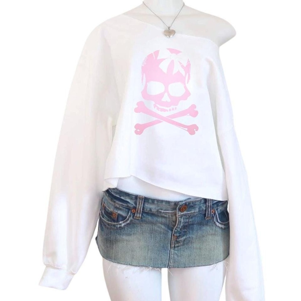 Y2K Pink Skull Off Shoulder Sweatshirt Fairy Grunge Coquette Oversized